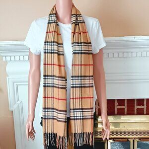 V. Fraas Cashmink Plaid Scarf Rectangular Tan Red Black with Fringe